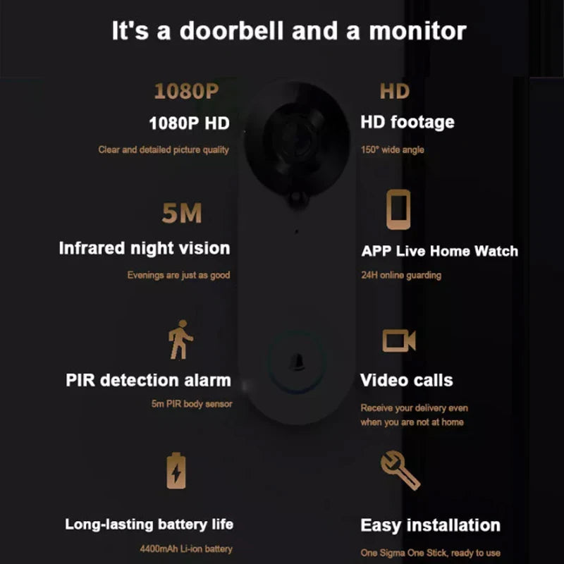 W3 Wireless WiFi Video Doorbell Camera Smart Door Viewer Peephole 1080P HD PIR Motion Detection Night Vision Visual Intercom