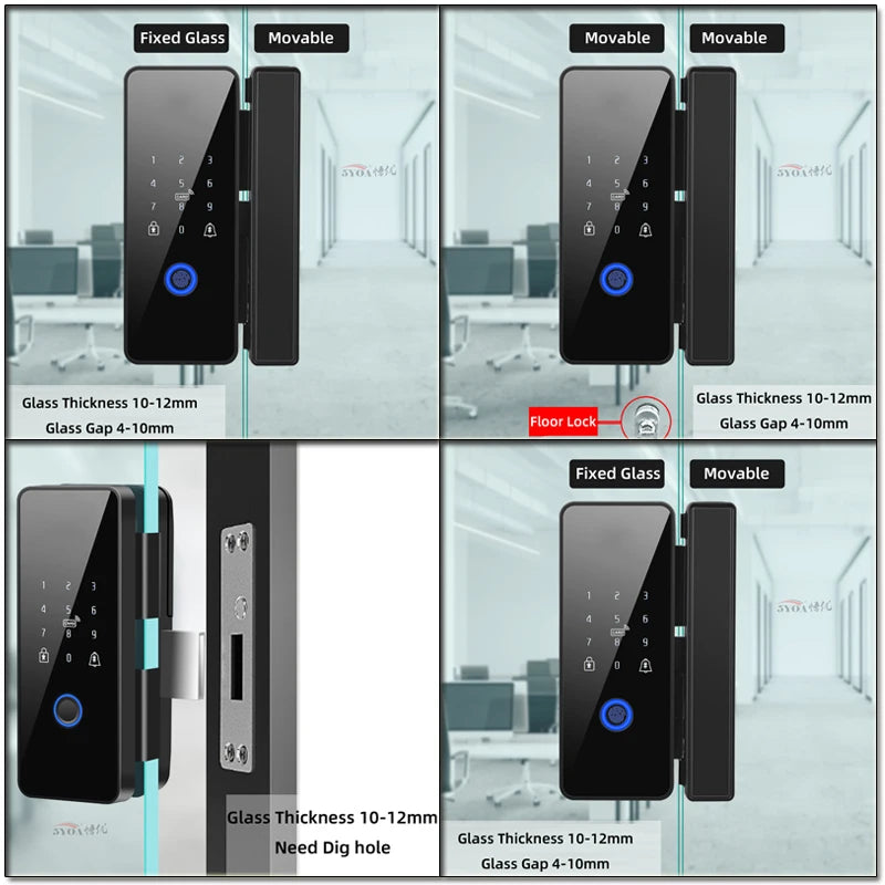 Tuya Smart Bluetooth Fingerprint Glass Door Lock - Biometric, RFID, Remote Control Unlock, Stainless Steel