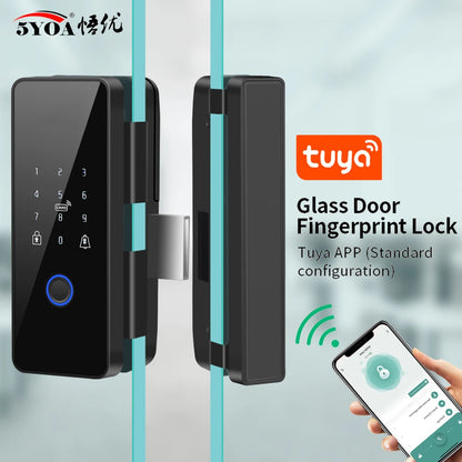 Tuya Smart Bluetooth Fingerprint Glass Door Lock - Biometric, RFID, Remote Control Unlock, Stainless Steel