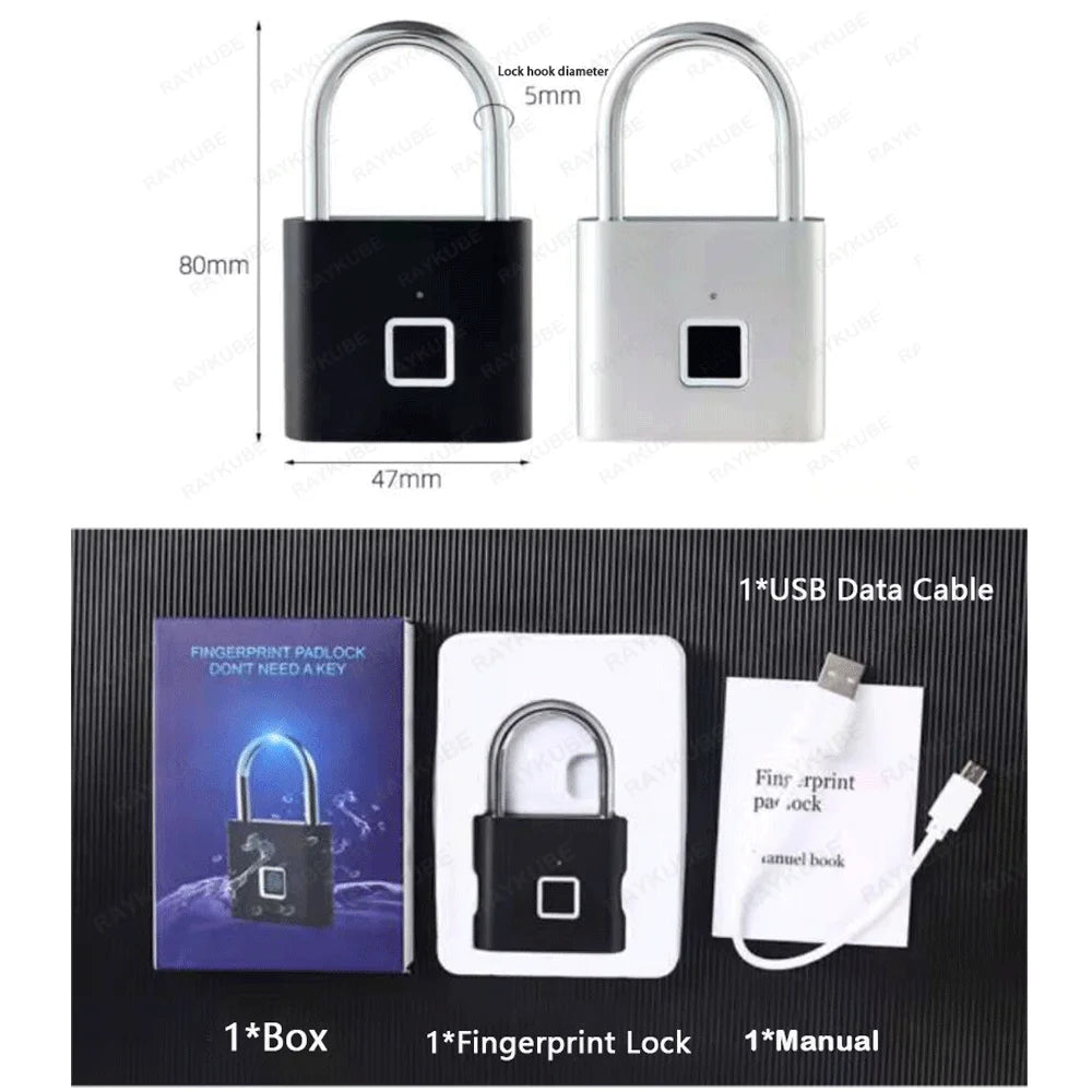 RAYKUBE P2 Smart Fingerprint Padlock - Waterproof Zinc Alloy Biometric Lock with Rechargeable Battery and USB Charging