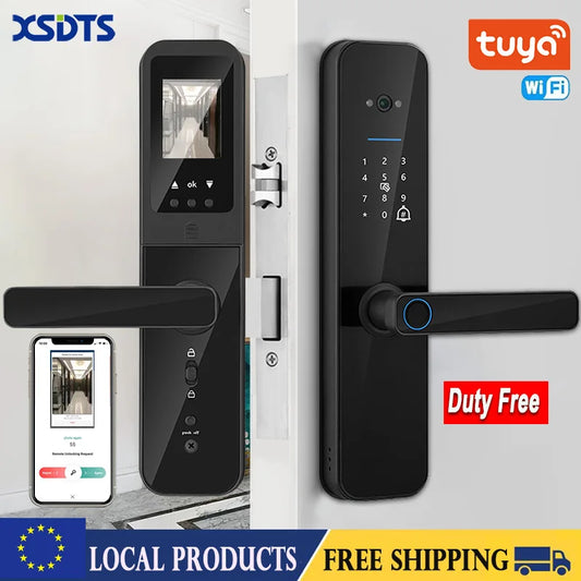 XSDTS Tuya Wifi Digital Electronic Smart Door Lock With Biometric Camera Fingerprint Smart Card Password Key Unlock