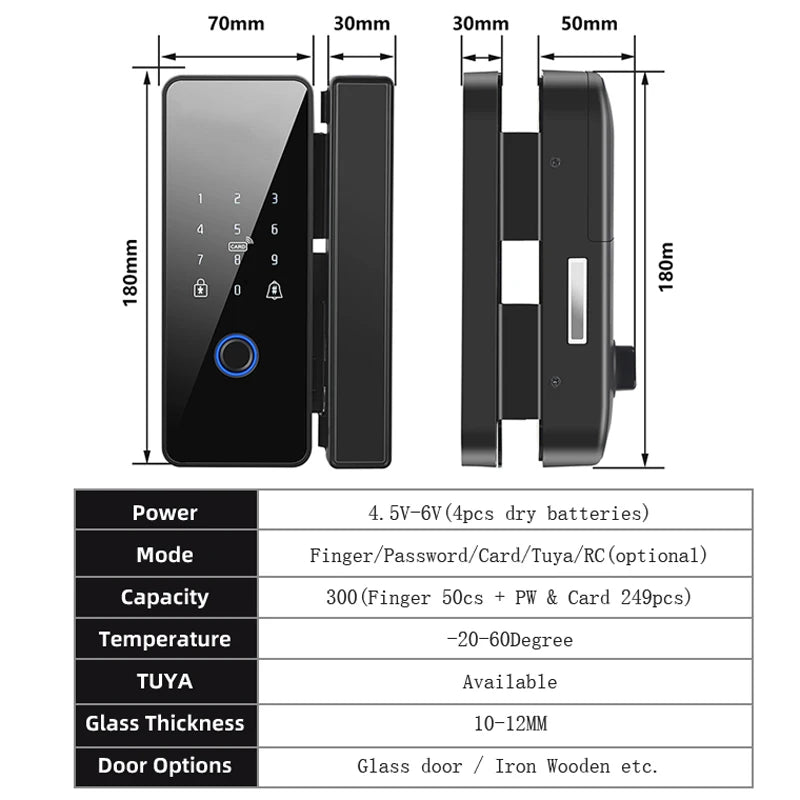 Tuya Smart Bluetooth Fingerprint Glass Door Lock - Biometric, RFID, Remote Control Unlock, Stainless Steel