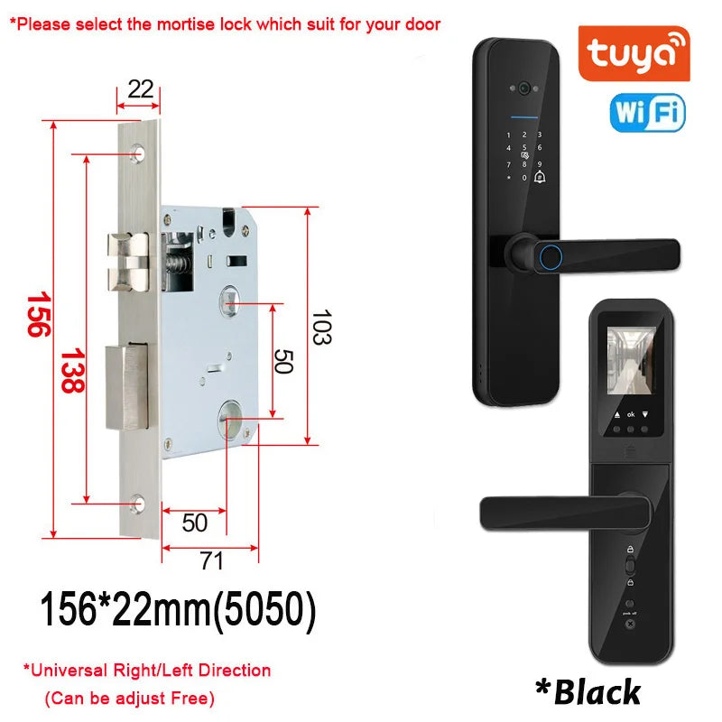 XSDTS Tuya Wifi Digital Electronic Smart Door Lock With Biometric Camera Fingerprint Smart Card Password Key Unlock