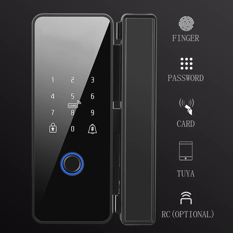 Tuya Smart Bluetooth Fingerprint Glass Door Lock - Biometric, RFID, Remote Control Unlock, Stainless Steel